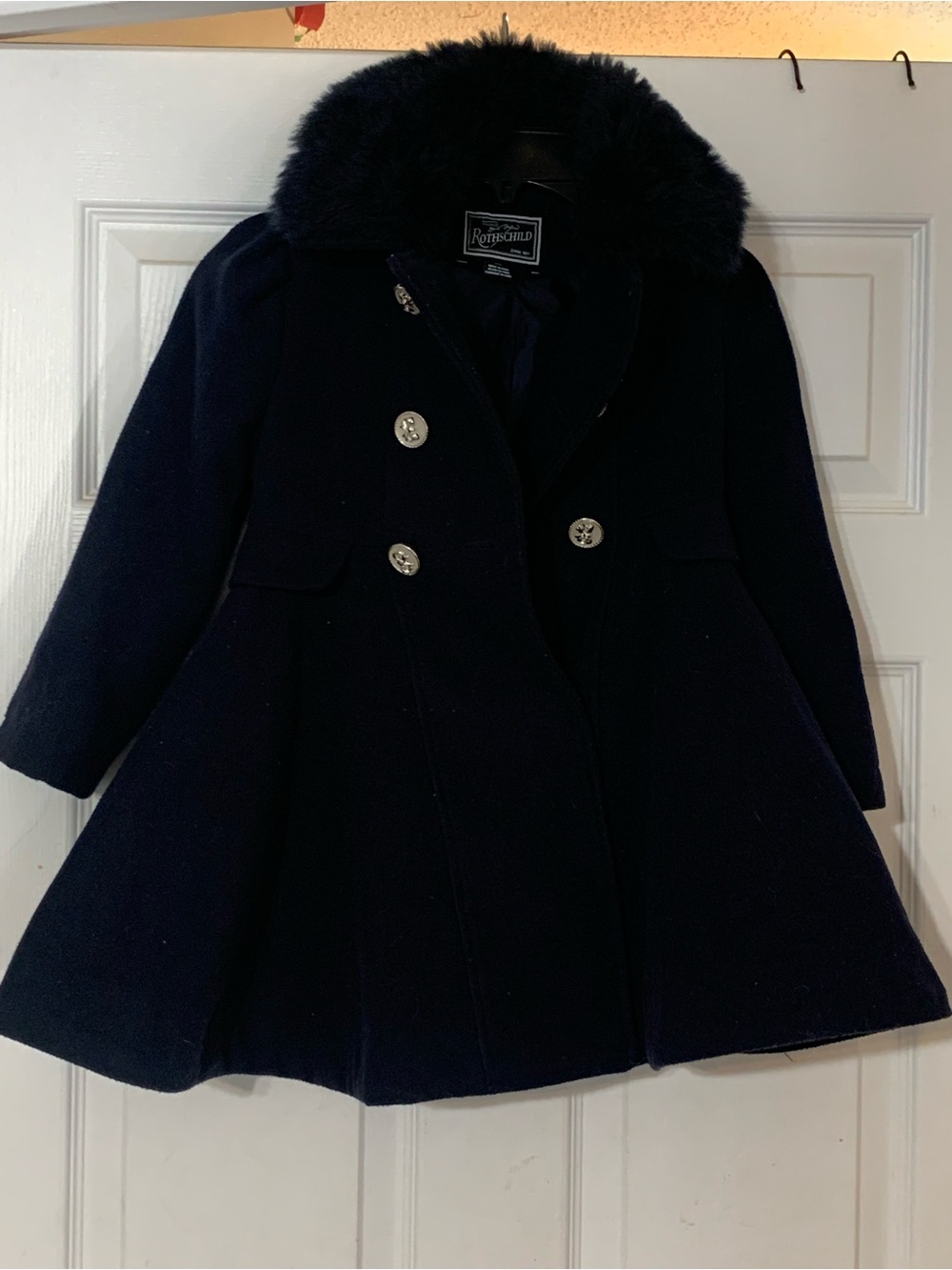 Rothschild Girls Navy Wool-Blend Peacoat with Faux Fur Collar